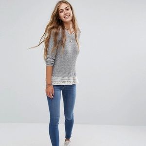 Hollister gray sweater with white lace detail